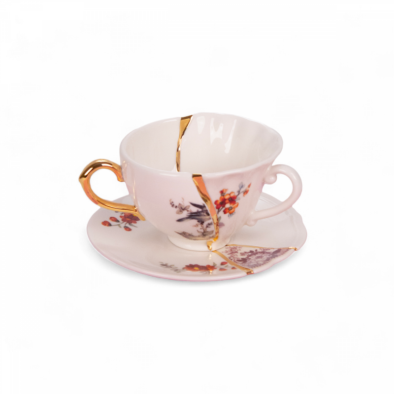 Seletti Kintsugi tea cup and saucer style 1 with 24k gold seam detailing
