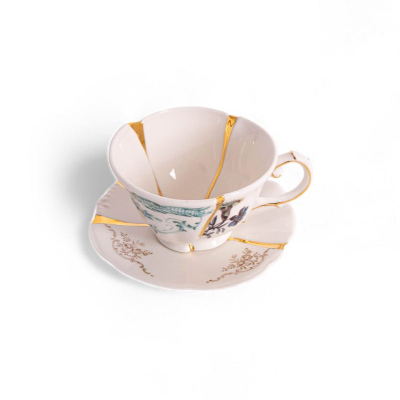 Seletti Kintsugi tea cup and saucer style 3 with porcelain and real gold accents
