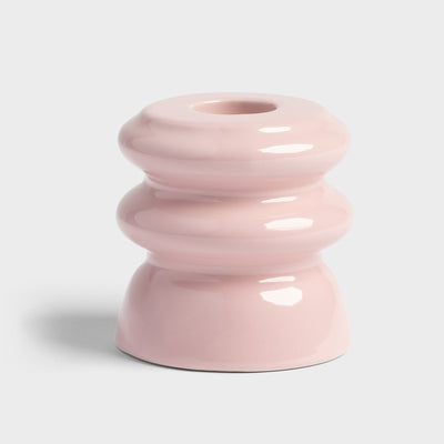 Small stacked stoneware candle holder in glossy pink by &Klevering