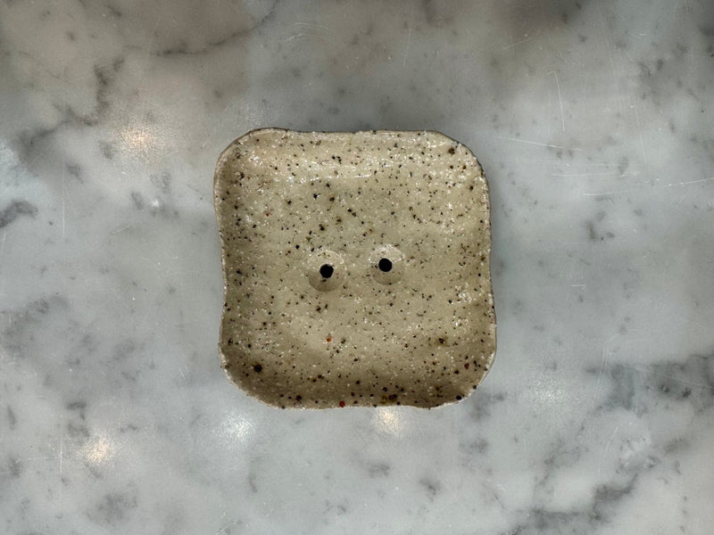 Square handmade soap dish in speckled glaze with drainage holes by Lee Simmonds