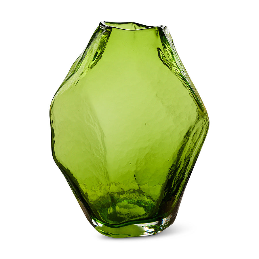 Nienke Sikkema for HKLIVING gemstone vase in vivid peridot green faceted glass on white background