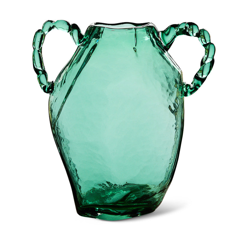 Green glass amphora hkliving vase with twisted handles on white background