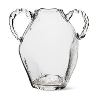 Front view of clear glass amphora vase with twisted gem-like handles