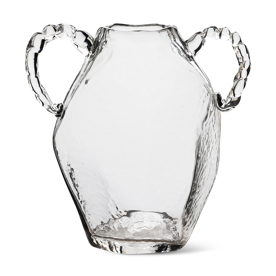 Front view of clear glass amphora vase with twisted gem-like handles