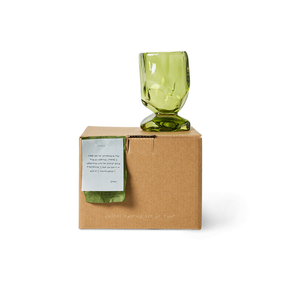 Single Nienke Sikkema for HKLIVING emerald green glass displayed on top of branded gift box