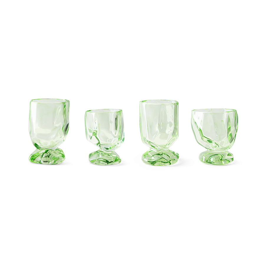 Set of four green hand-blown glasses with sculptural gem-like stems by hkliving