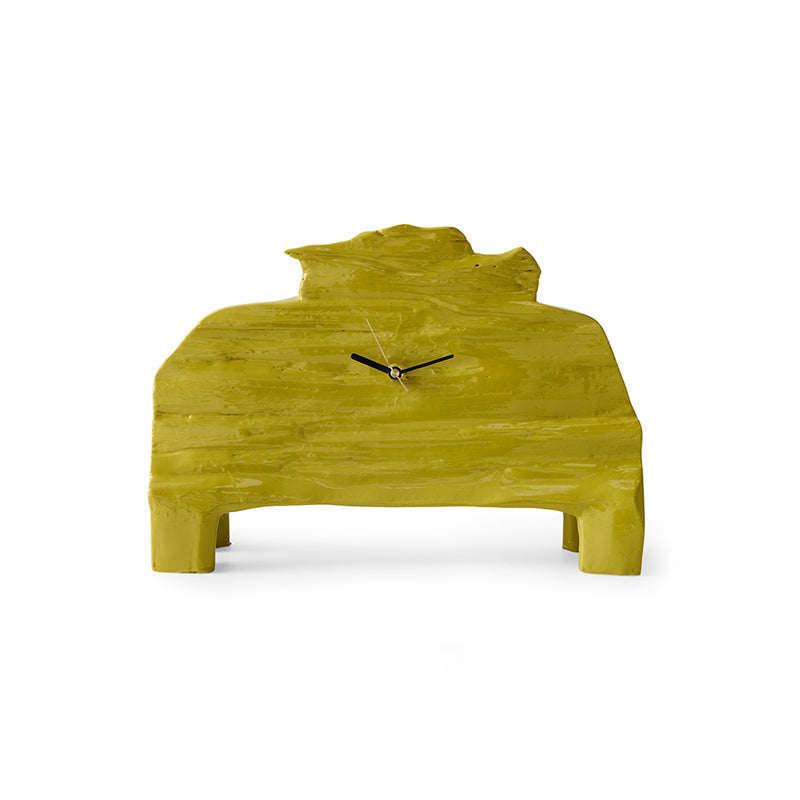 Front view of the HKLIVING chartreuse mantle clock on a plain white background, showing its high-gloss finish and sculptural silhouette