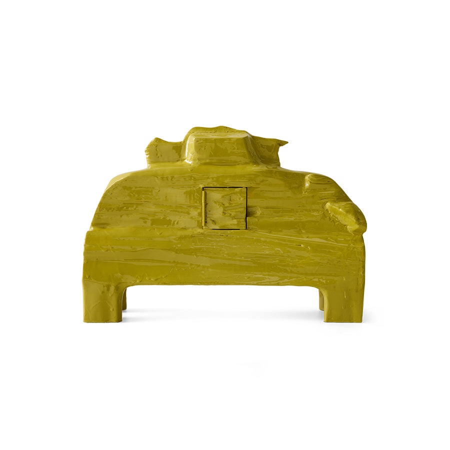 Back view of the HKLIVING chartreuse mantle clock showing the square battery compartment door set into the casing
