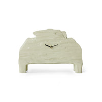 Front view of the HKLIVING seafoam mantle clock on a plain white background, showing its rounded dial face set within a sculptural sage-green wood frame
