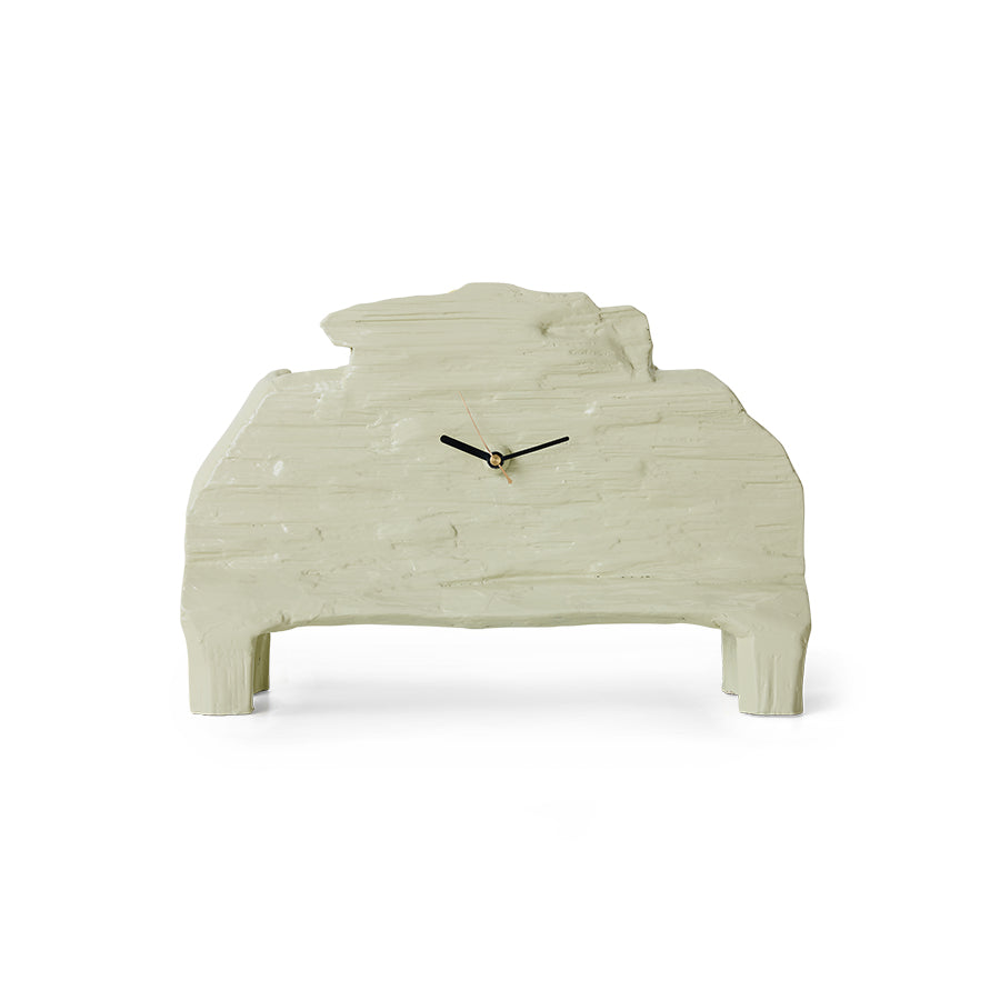 Front view of the HKLIVING seafoam mantle clock on a plain white background, showing its rounded dial face set within a sculptural sage-green wood frame
