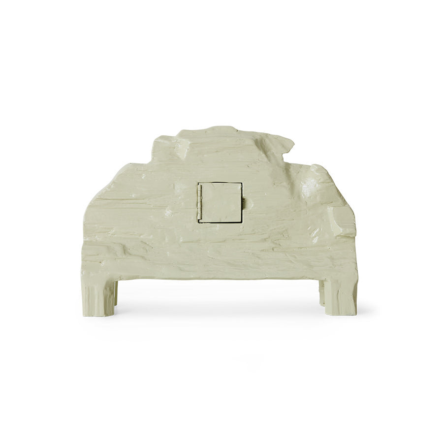 Back view of the HKLIVING seafoam mantle clock showing the square battery compartment door set into the wooden casing