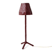 Teun Zwets for HKLIVING Burgundy floor lamp, full length view showing the sculpted Sungkai wood shade, column and tripod base