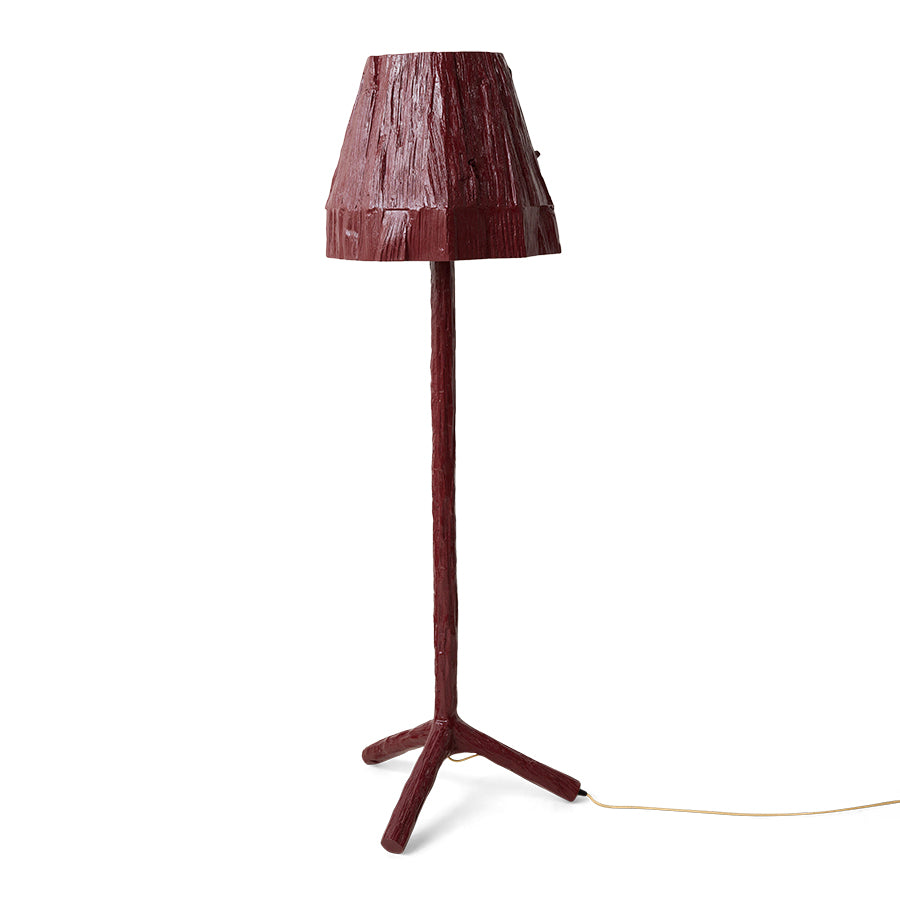 Teun Zwets for HKLIVING Burgundy floor lamp, full length view showing the sculpted Sungkai wood shade, column and tripod base