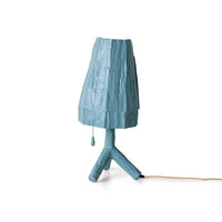 Teun Zwets for HKLIVING Sky Blue table lamp, full view showing the sculpted Sungkai wood shade, column and tripod base
