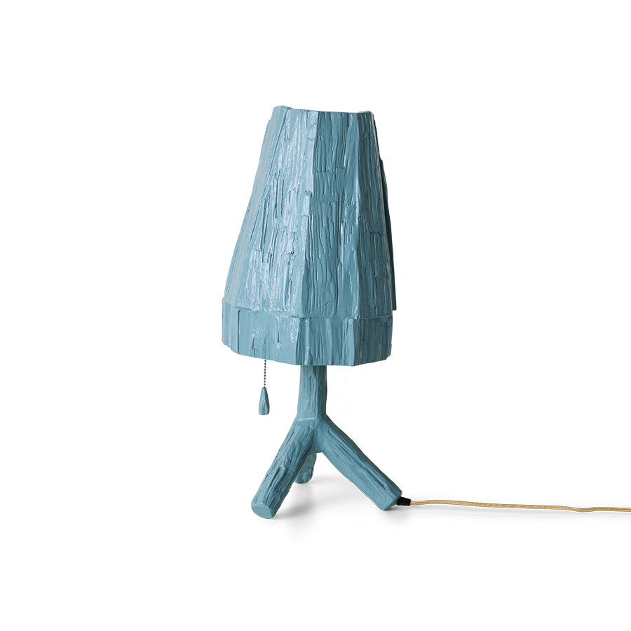 Teun Zwets for HKLIVING Sky Blue table lamp, full view showing the sculpted Sungkai wood shade, column and tripod base