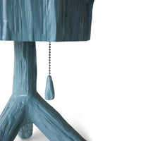 close-up of the pull cord and carved, glossy Sungkai wood texture on the Teun Zwets for HKLIVING Sky Blue table lamp shade