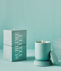 Sublime Velvet scented candle in matte aqua ceramic vessel with lid and gift box
