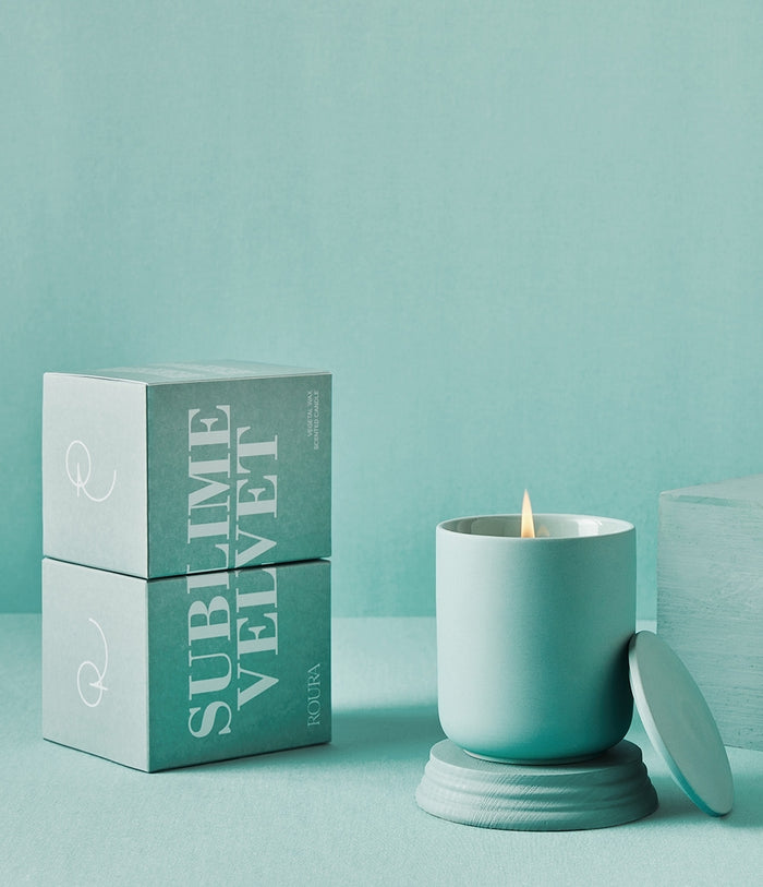 Sublime Velvet scented candle in matte aqua ceramic vessel with lid and gift box
