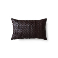 Chocolate brown woven faux leather cushion on white background