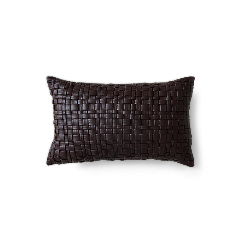 Chocolate brown woven faux leather cushion on white background
