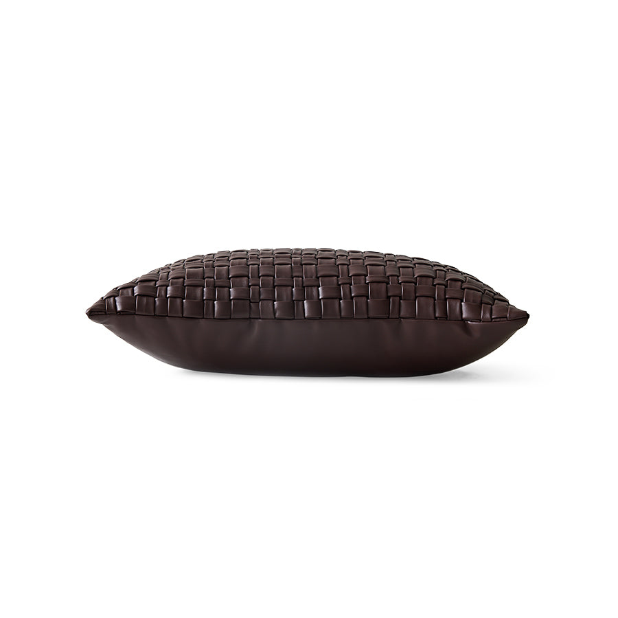 Side profile of chocolate brown woven faux leather cushion