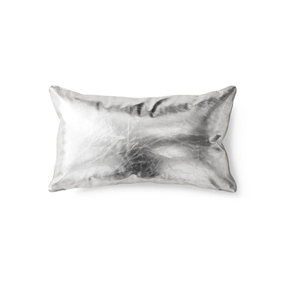 Silver metallic faux leather lumbar cushion on white background