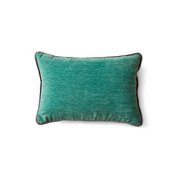 Front view of deep sea turquoise velvet cushion on white background