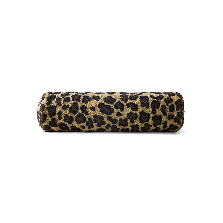 Studio shot of the HKLIVING Panther bolster cushion on a white background, showing its cylindrical shape and leopard print