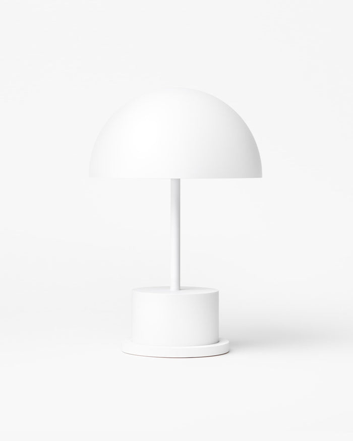 printworks riviera portable lamp in matte white with dome shade
