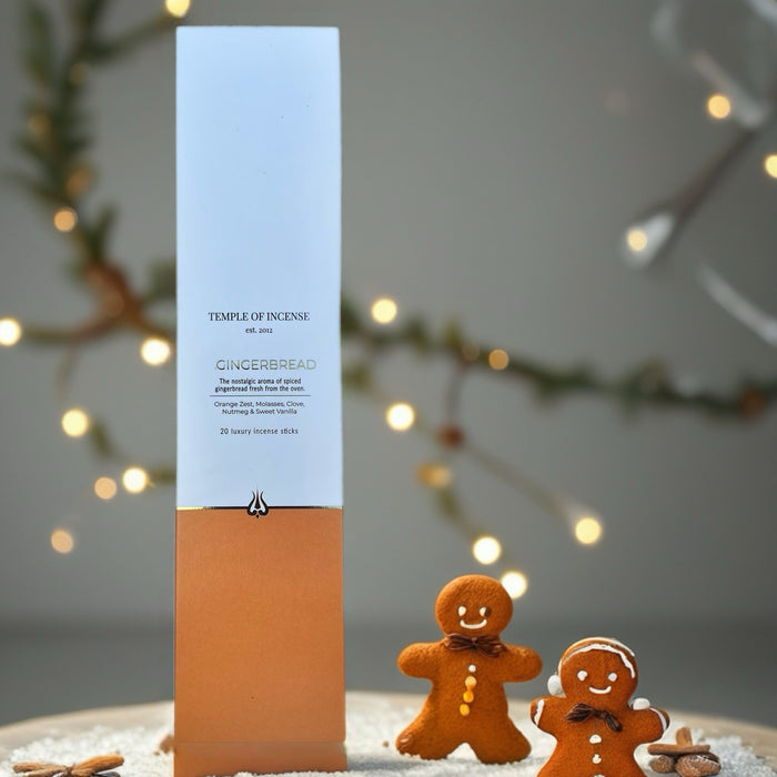 Temple of Incense Gingerbread Christmas incense sticks box with festive gingerbread figures.”