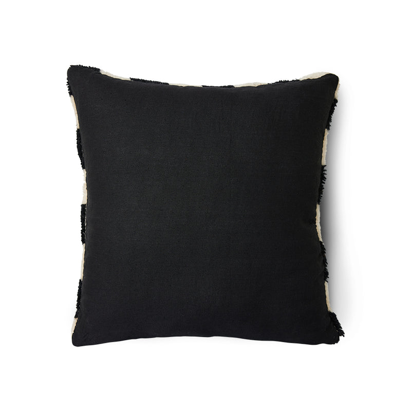 the reverse of the black and white checked cushion from hkliving revealing its black cotton reverse