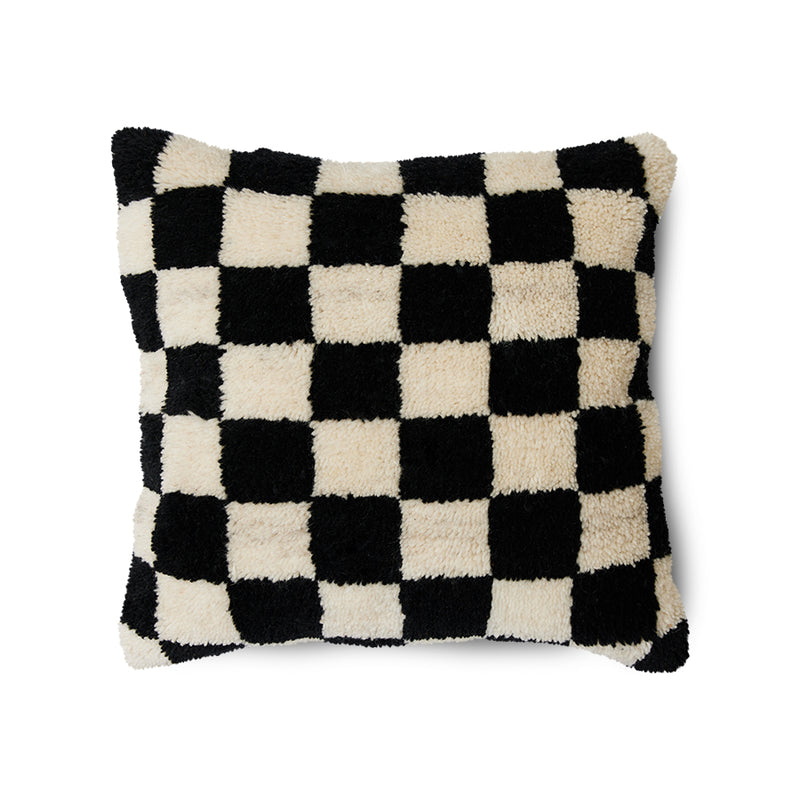 black and white checked woolen cushion