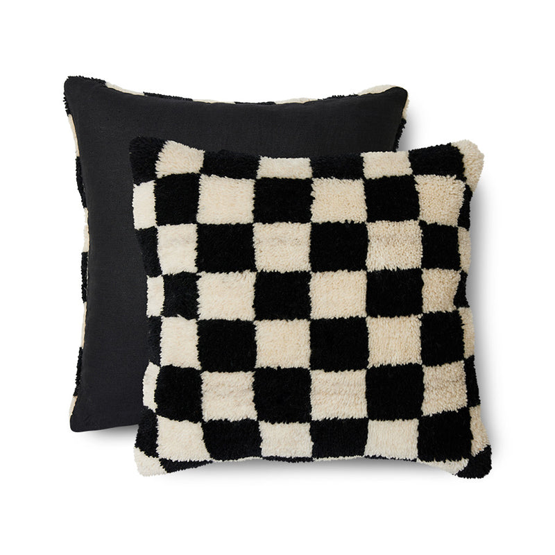 great textured black and white chequered cushion showing its front and it full black reverse in nordic style from hkliving design house