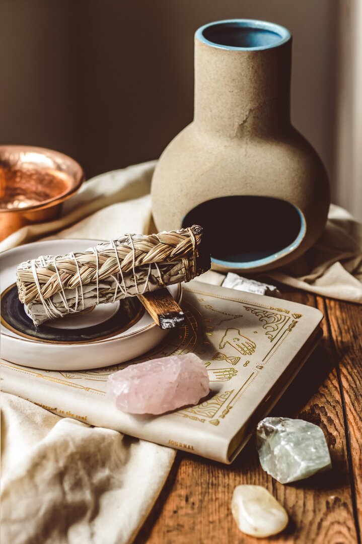 Traditional sage and sweetgrass smudge stick for spiritual use