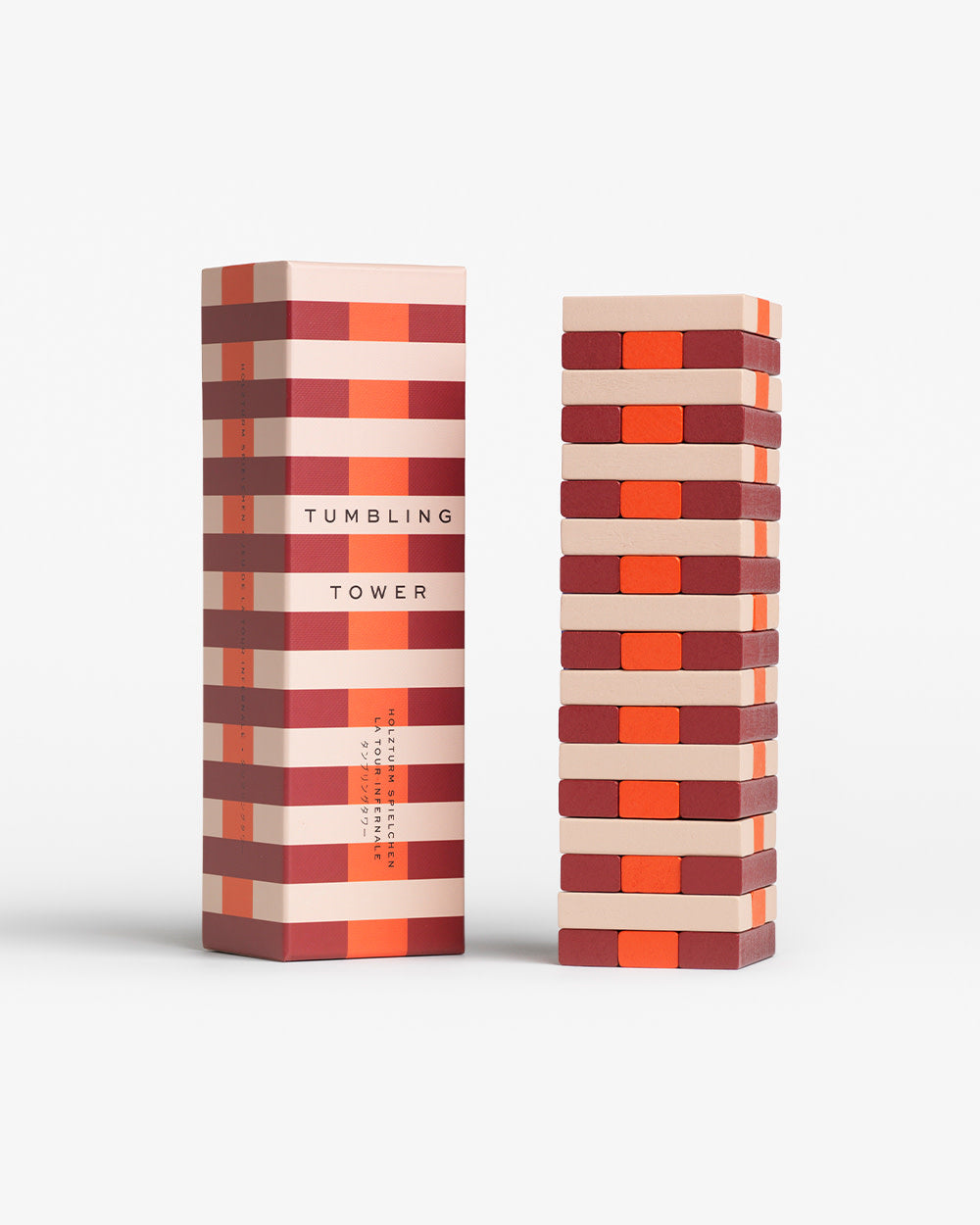 Red, coral, and blush wooden Tumbling Tower game