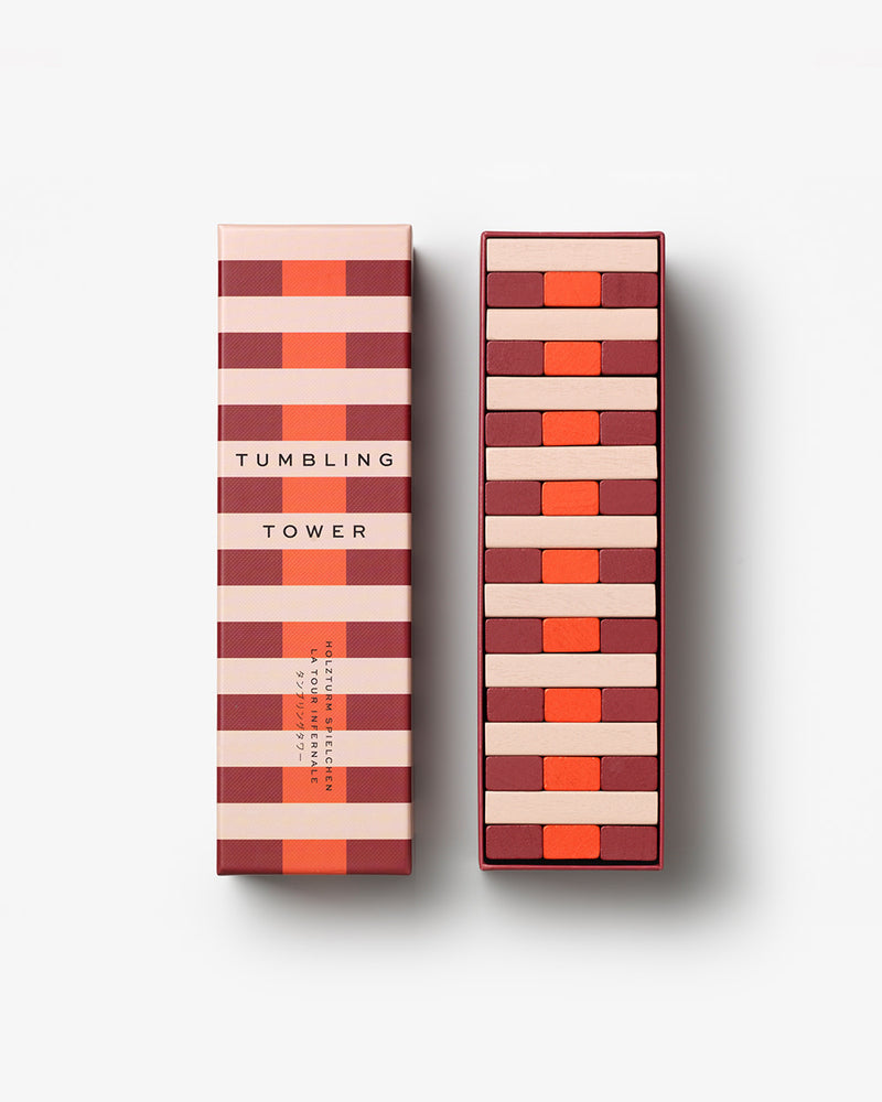 Top-down view of colourful Tumbling Tower set