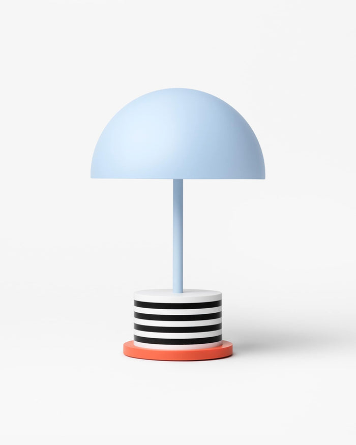 Printworks Riviera Stripes portable lamp with blue dome shade and black-and-white striped base
