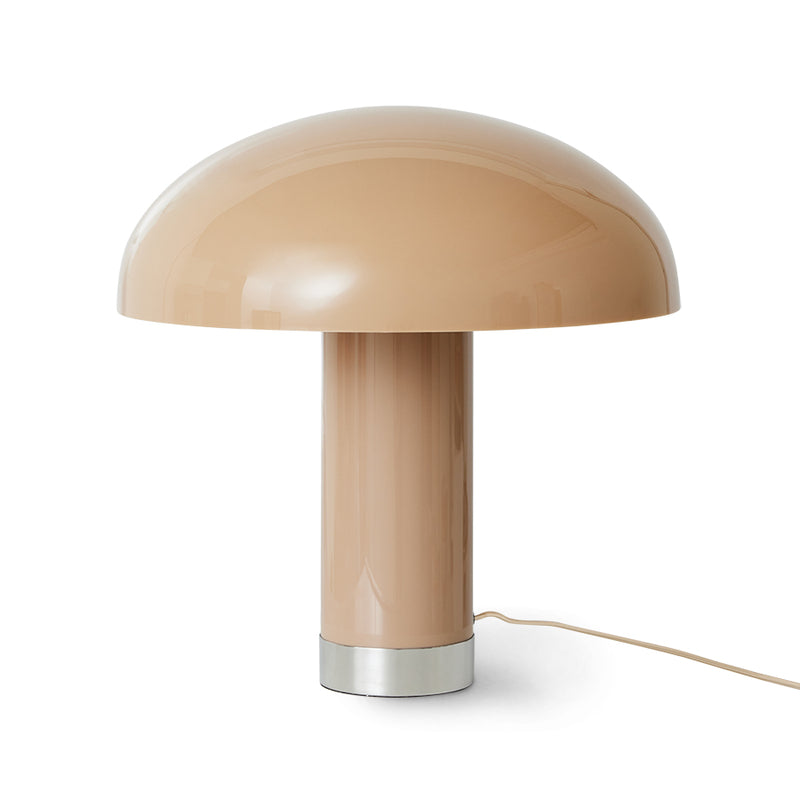 mocha lounge lamp switched off with is brown caramel colour from hkliving and chrome ring base all in the shape of a sleak mushroom