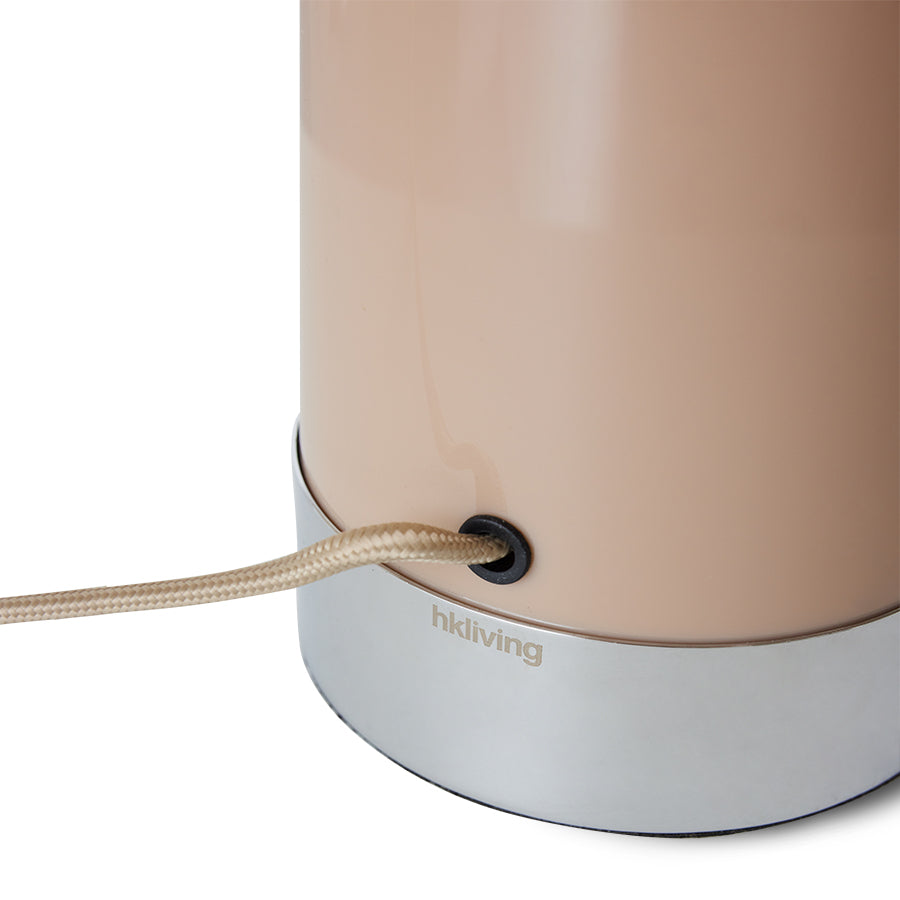 chrome base of the mocha coloured mushroom lamp with the hkliving logo showing just under the mocha light brown coloured electrical flex cord