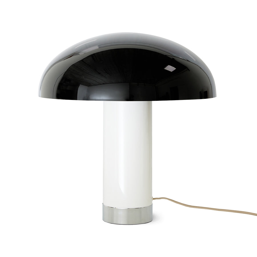 switched off this monochrome mushroom lamp from hkliving shows off its pure white base with chrome colar at its base. the black is highly reflective