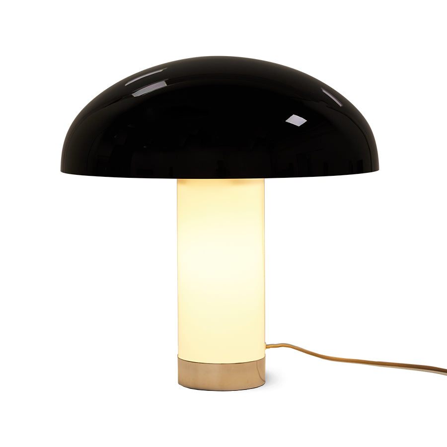 HKLIVING monochrome lounge table lamp lit, the white column glowing beneath the black glossy shade