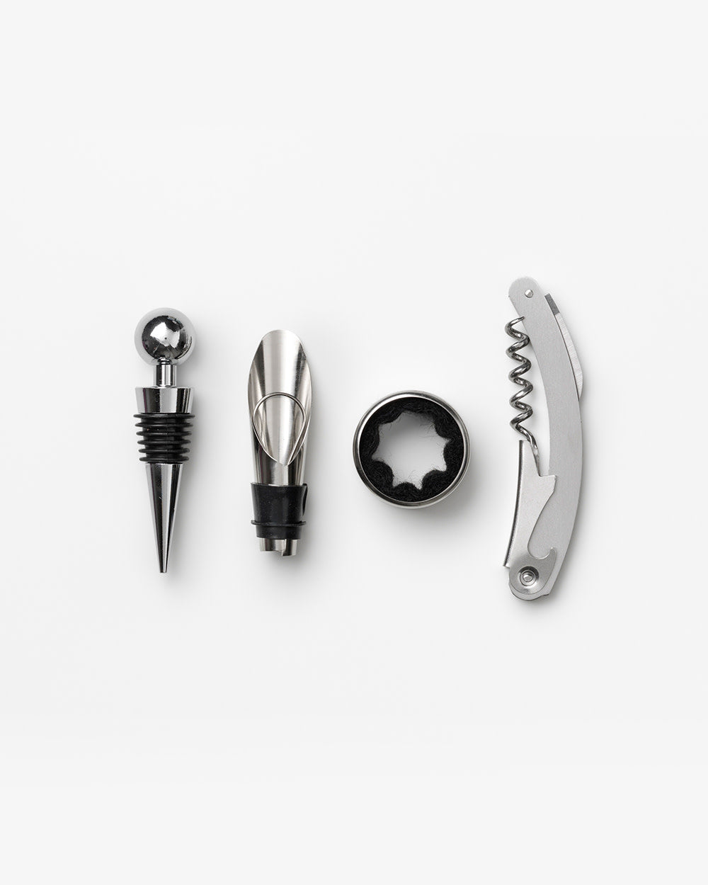 Wine tools set with opener, stopper, pourer, and collar