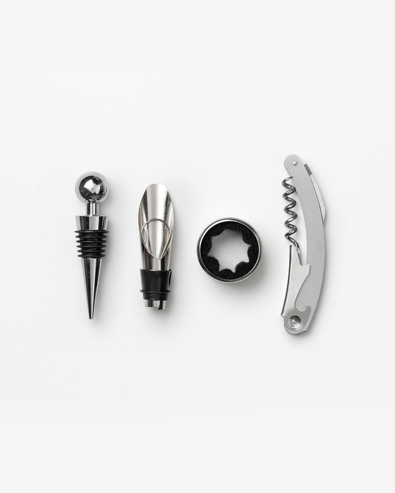 Wine tools set with opener, stopper, pourer, and collar