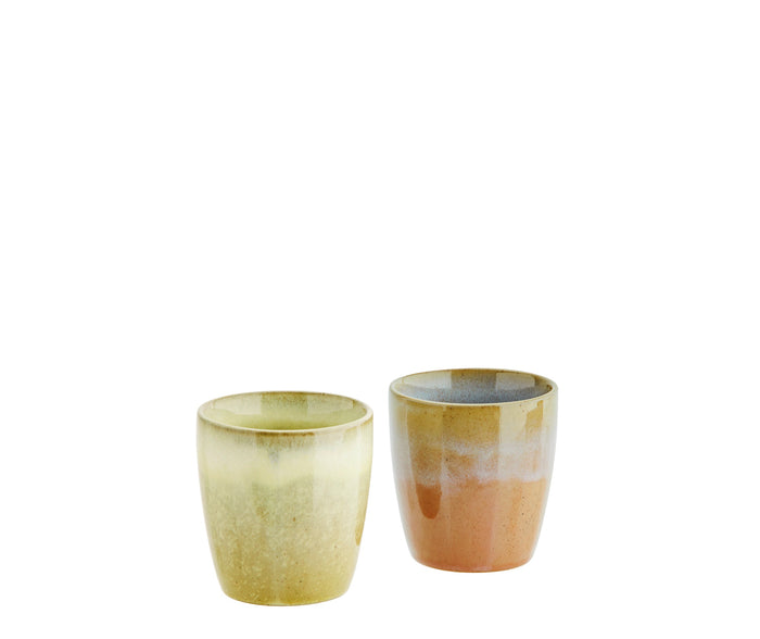 multi-coloured stoneware cups with unique artisan glaze finish, two variants side by side
