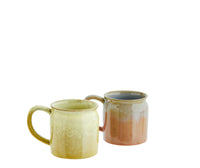 lime green and peach stoneware mugs with artisan glaze, 8x8cm, side by side
