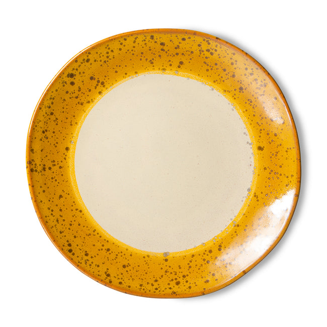 hkliving autumn plate with a more autumnal brown and reddish yellow around the outer edge, brown spots, and beige centre.