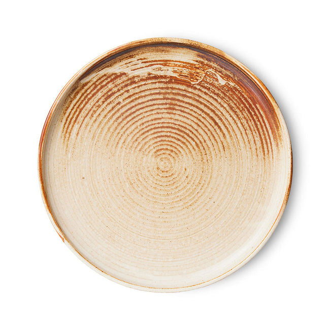 hkliving dinner plate with ridges and brush strokes in orangey brown and beige from being handmade