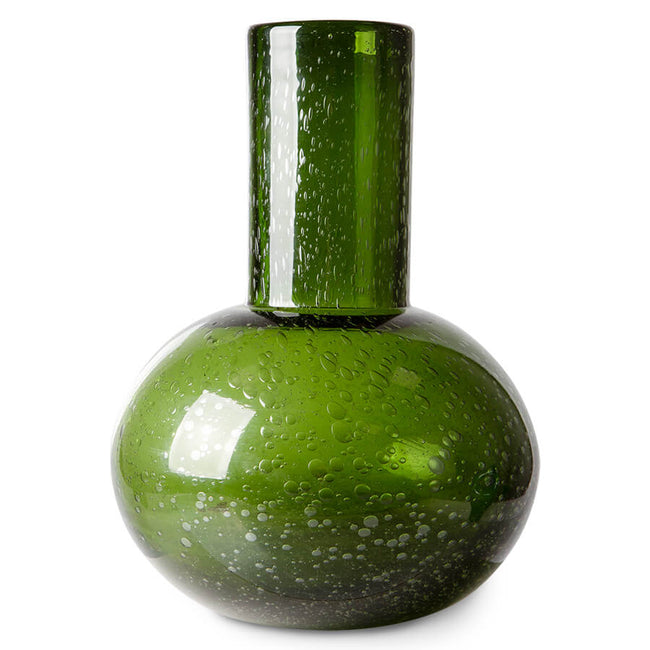 green glass hkliving vase with numerous bubbles blown into the glass with a bulbous base and straight narrow neck