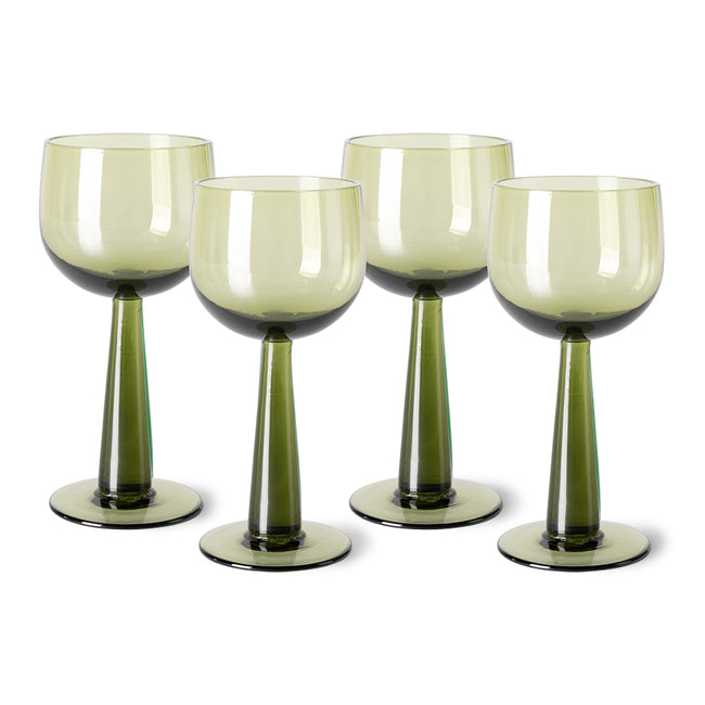 4 green wineglasses with a stem that tapers to the top making it look both more sturdy and refined at the same time from hkliving