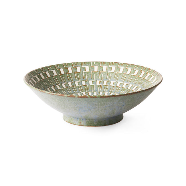 bowl with almost aztec like marks and lines in white running down the inside of this light green blue straight sided angled hkliving bowl